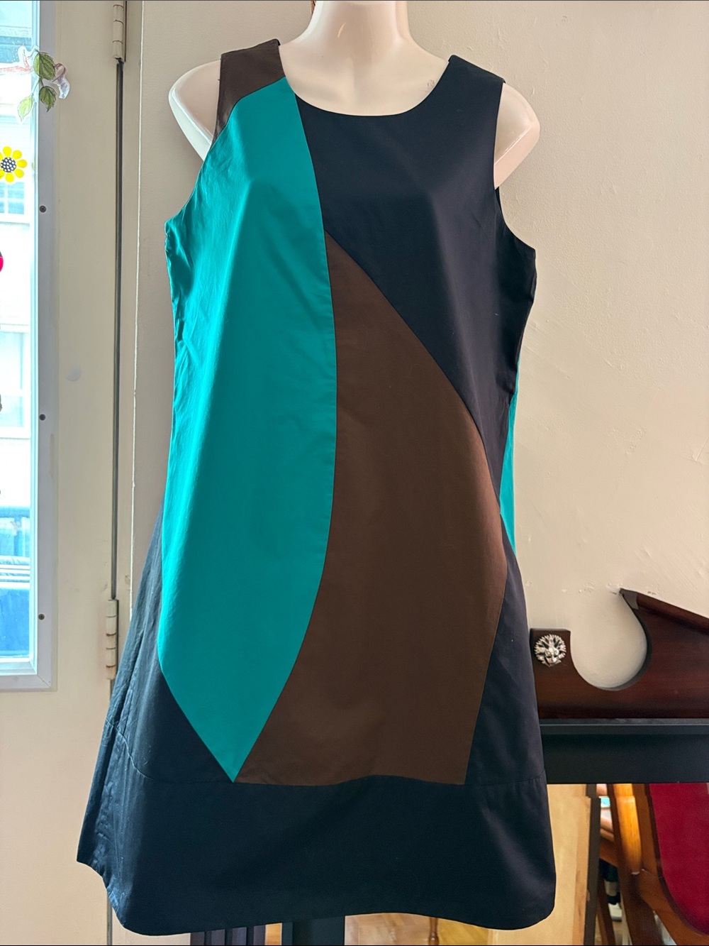 DKNY Teal, Brown & Black Colorblock Sleeveless Shift Dress.  Cotton